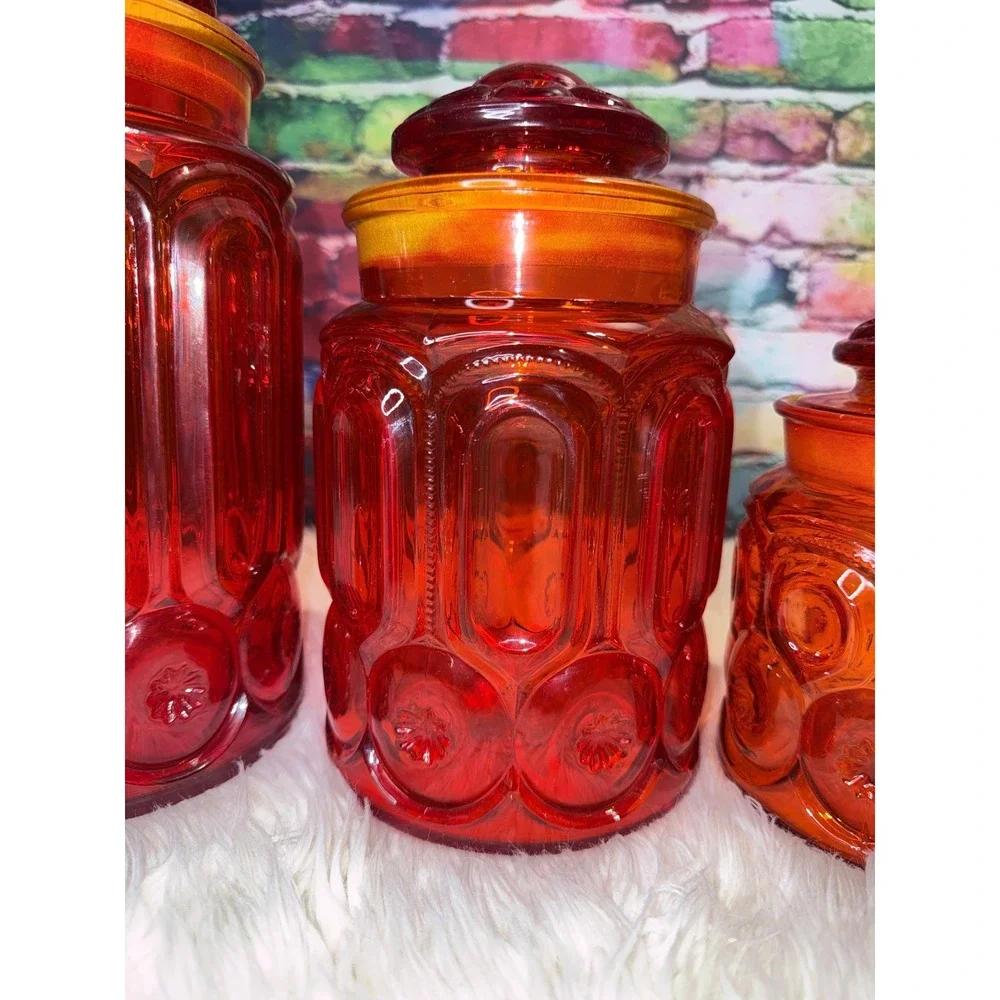 Vintage LE Smith Moon and Star Amberina Red UV Reactive Glass Canister Set 4pc